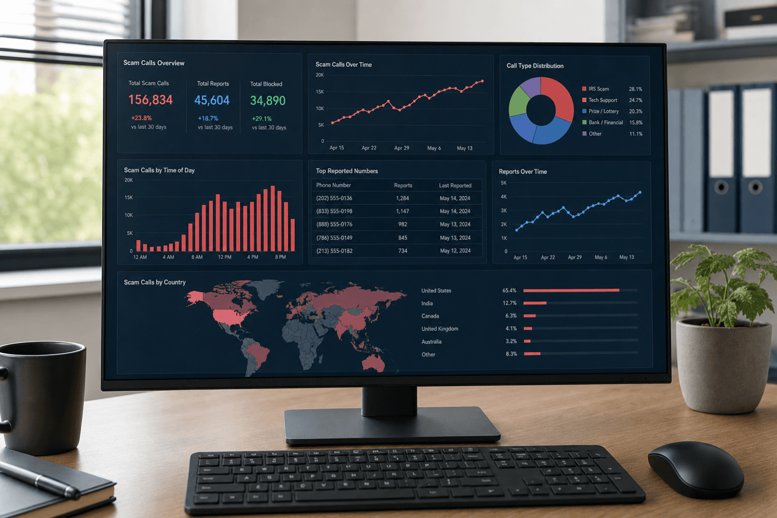 A desktop monitor displaying a scam-call analytics dashboard with charts, a rising trend line, and a world map, on an office desk