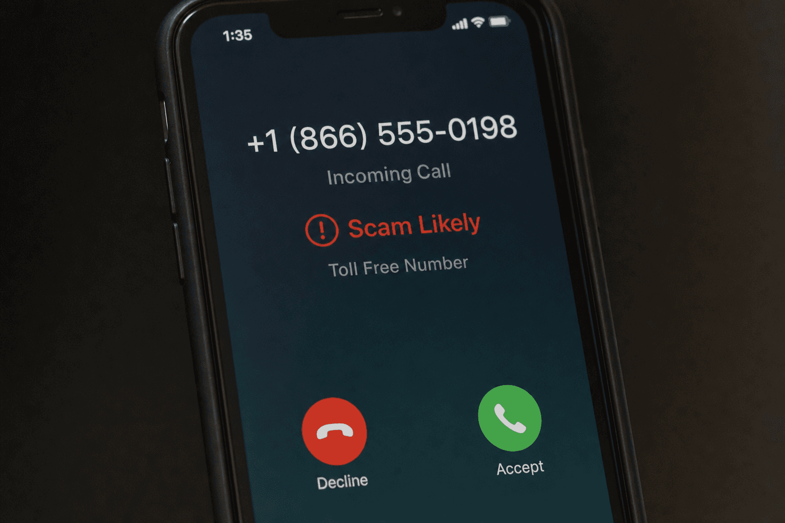 Smartphone screen showing an incoming call from an 888 toll-free number with a scam-likely warning, against a dark background