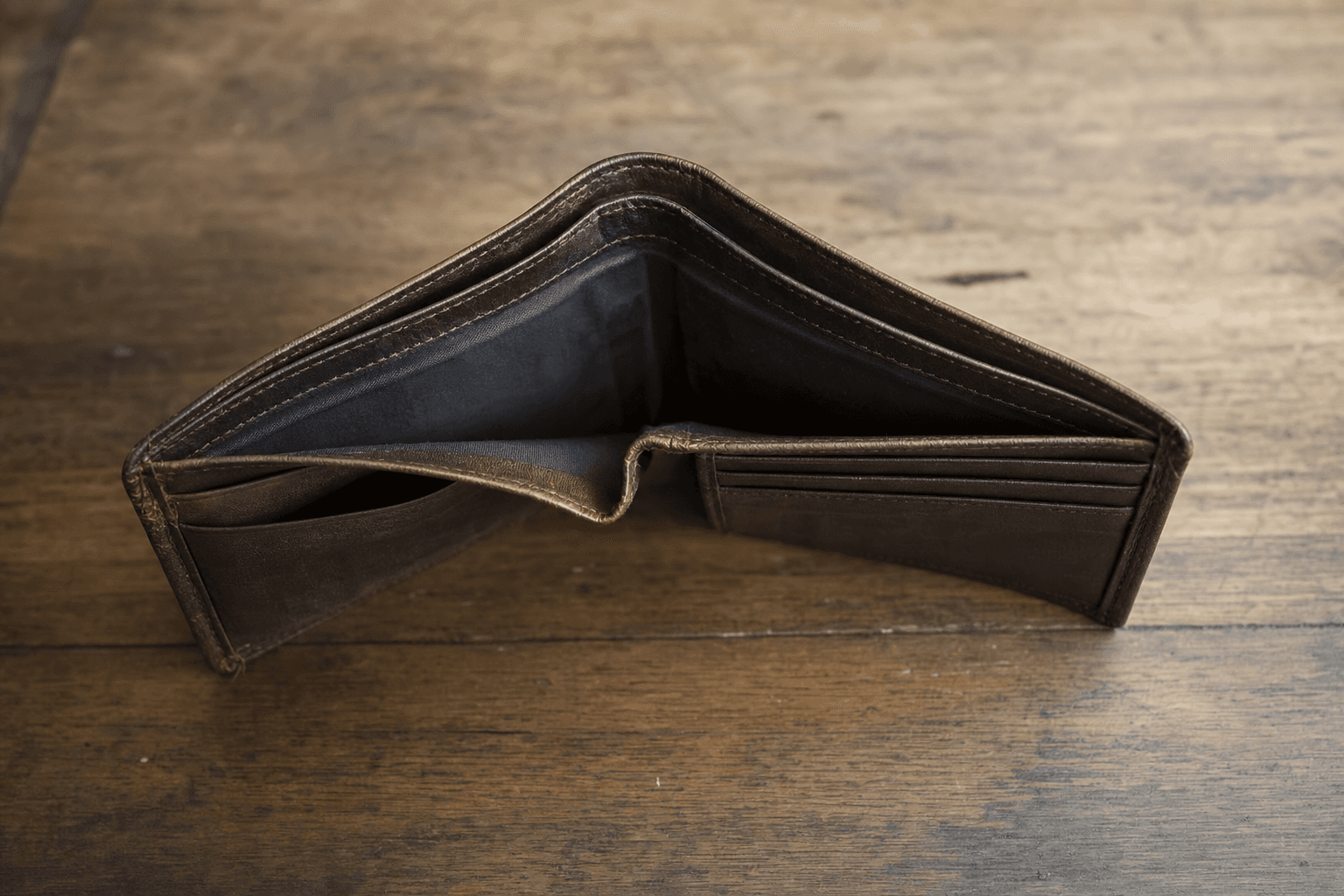 An open empty leather wallet lying on a wooden table in soft natural light