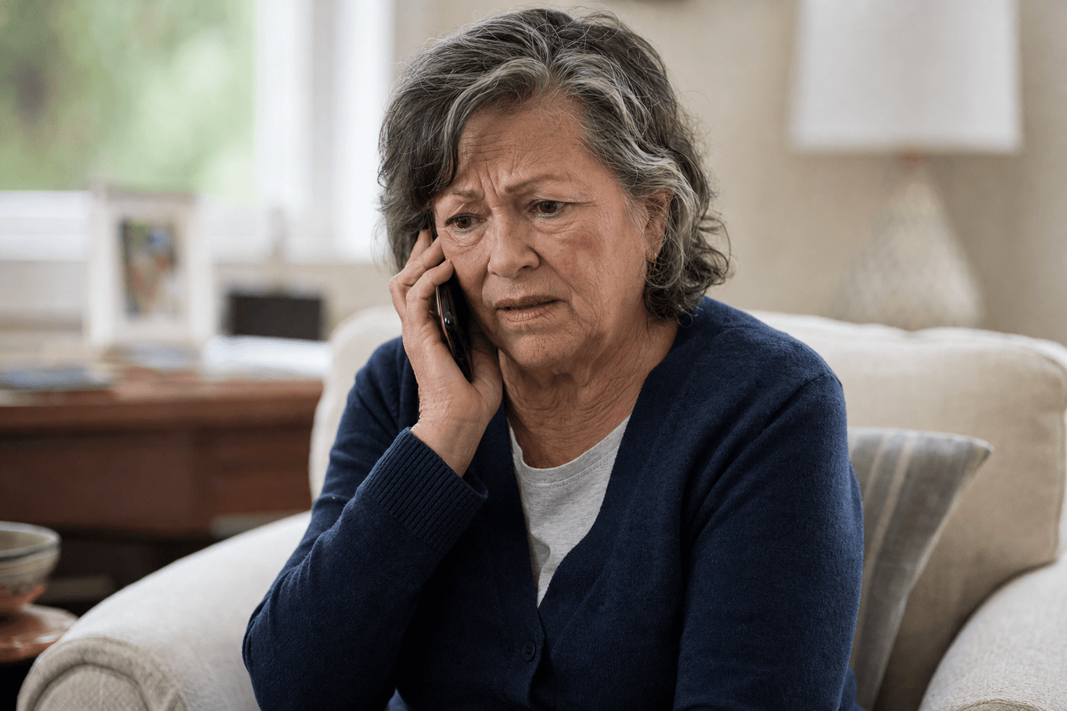 An older woman sitting in her living room holding a smartphone to her ear with a worried, distressed expression, in soft daylight