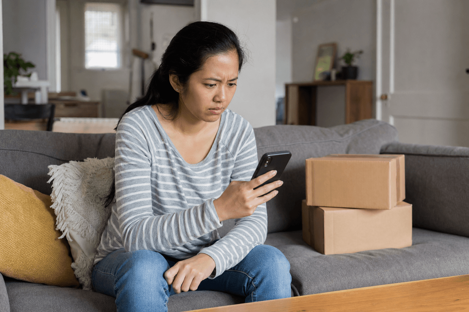 Person on a couch holding a phone showing a fake Amazon order problem text message, with a laptop displaying a shopping deals page in the background
