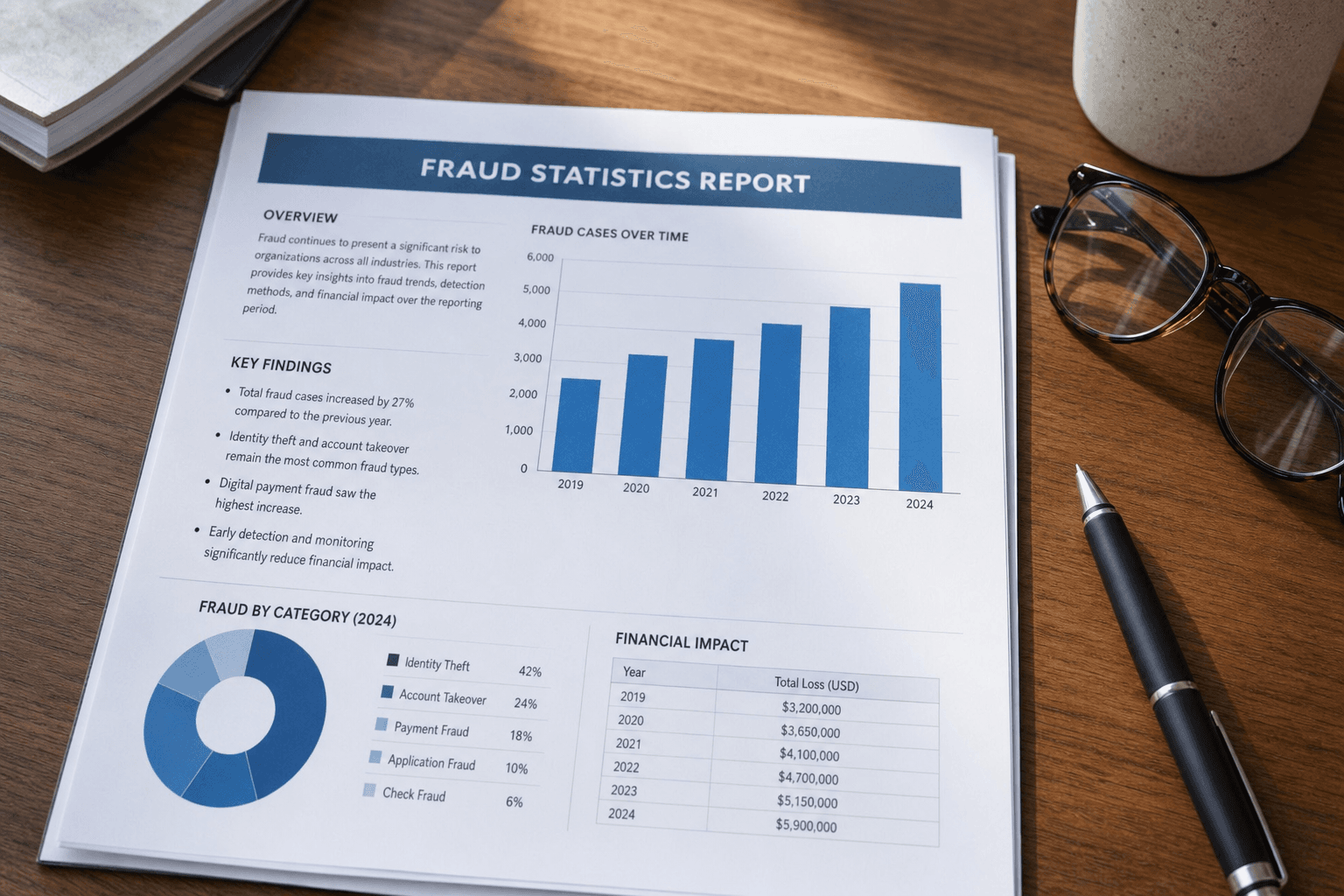 A printed fraud statistics report on a desk showing a rising bar chart and a financial-impact table, with reading glasses and a pen beside it