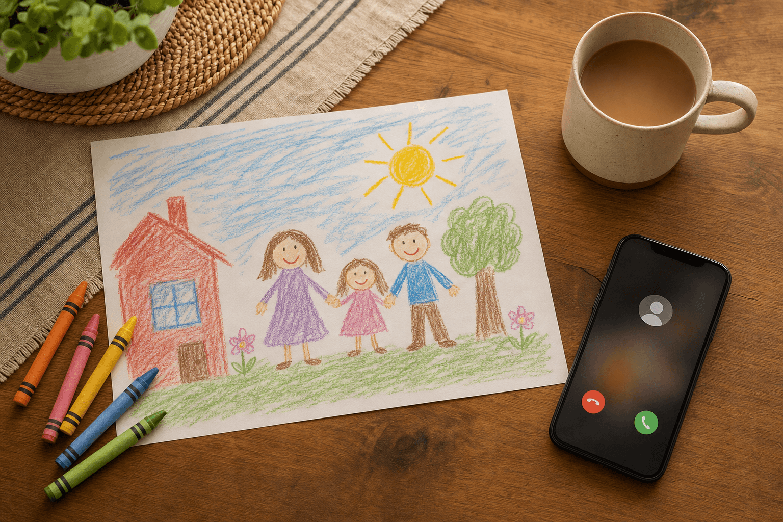 Overhead view of a kitchen table with a child's crayon drawing, crayons, a coffee mug, and a smartphone showing an incoming call