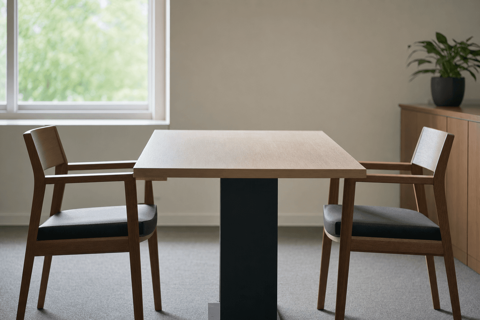 Two empty chairs at a wooden table in a quiet, softly lit meeting room