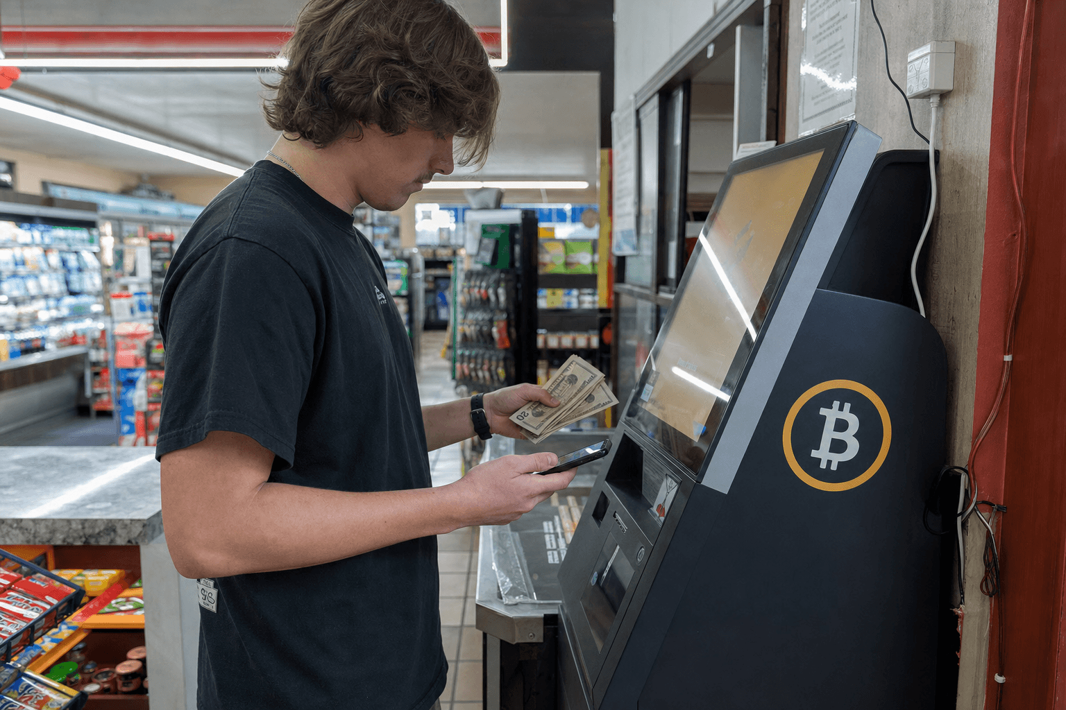 A young man at a Bitcoin cryptocurrency ATM inside a convenience store, holding cash in one hand and his smartphone in the other