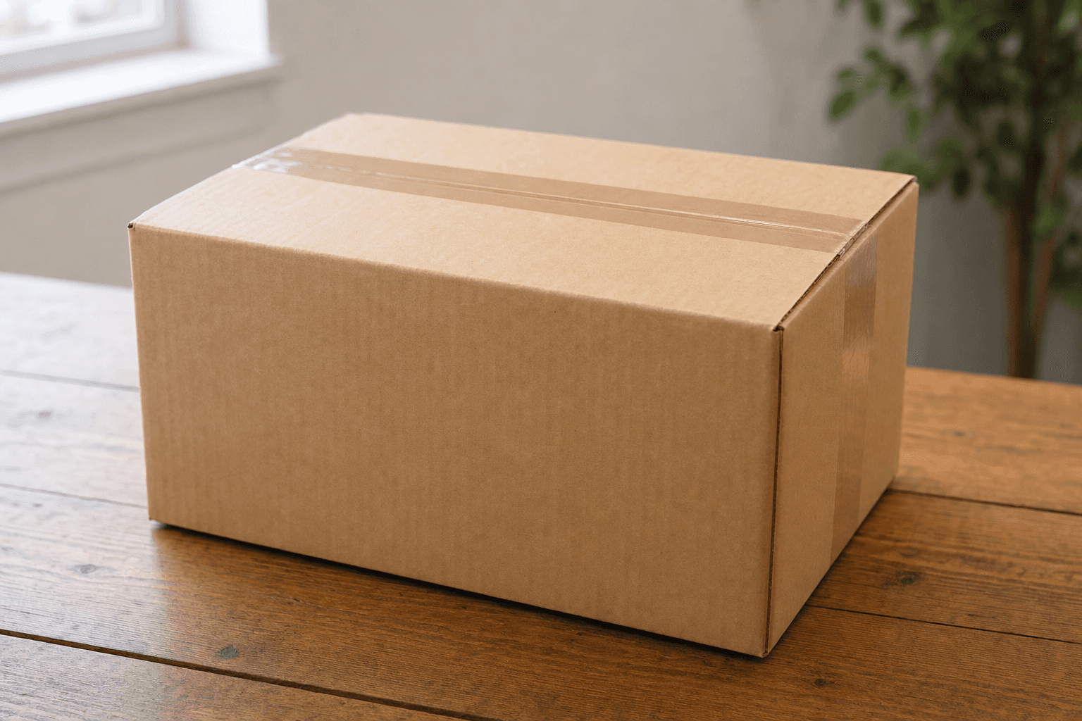 A plain brown cardboard parcel sealed with packing tape sitting on a wooden table in soft daylight