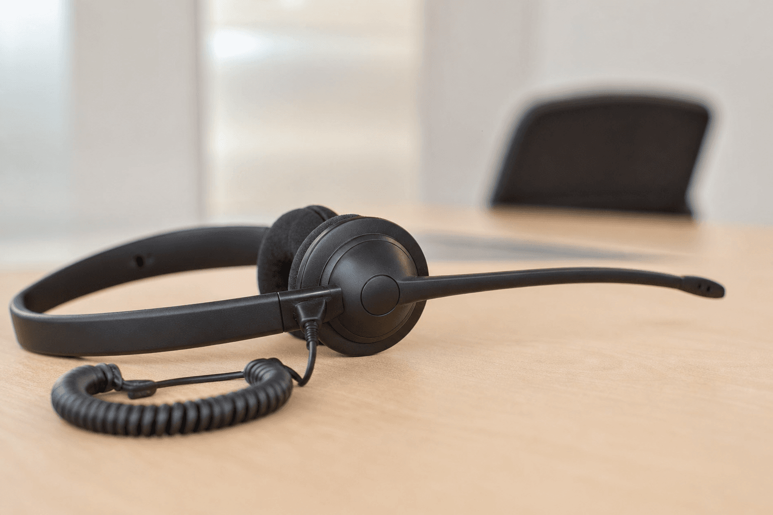 A telephone headset resting on a plain desk in soft, even light