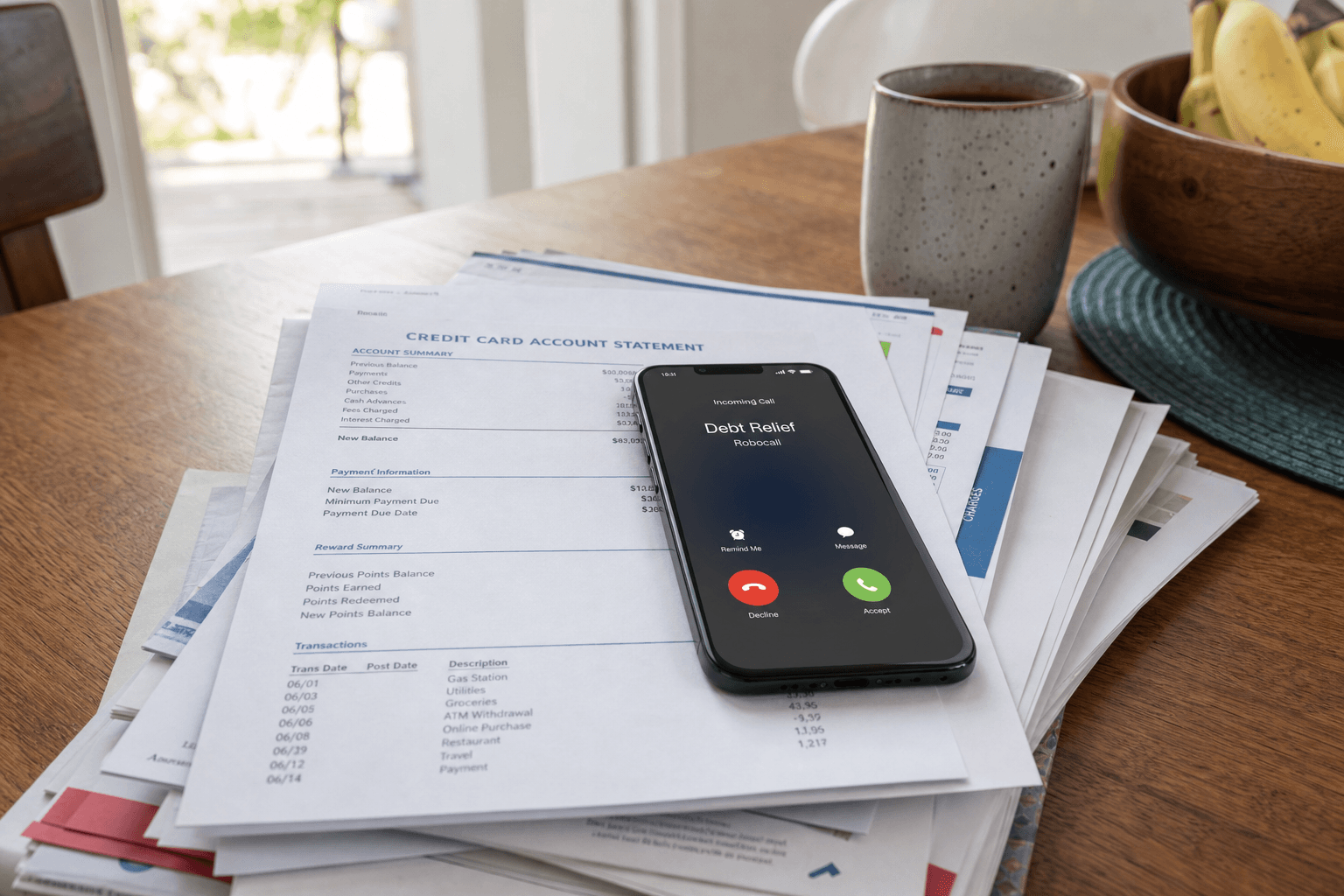 A smartphone resting on a stack of credit-card statements on a kitchen table, the phone screen showing an incoming debt-relief robocall