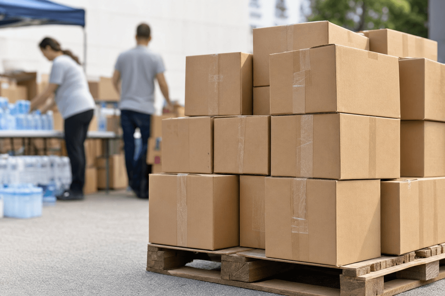 Stacked cardboard relief supply boxes on a pallet, with volunteers softly blurred in the far background