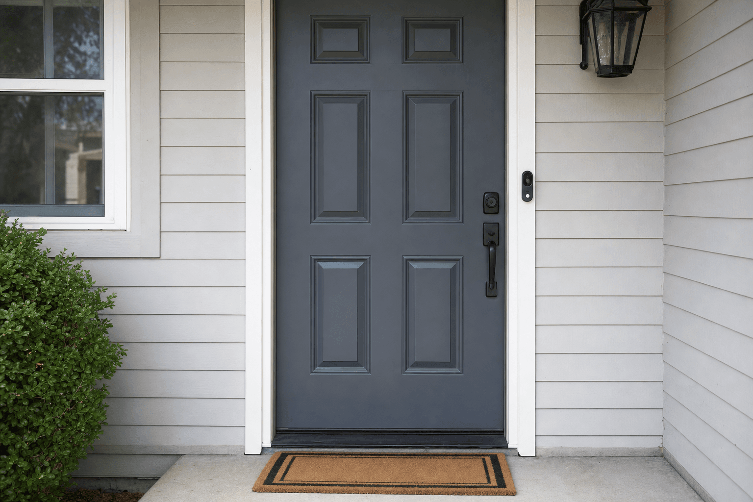 A suburban home's front door with a doorbell and a doormat, seen from the porch in daylight