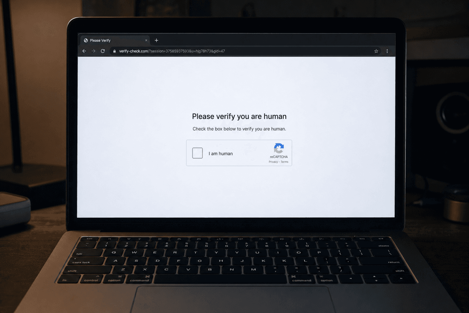 A laptop screen displaying a fake verify-you-are-human CAPTCHA verification page with a checkbox, in a dim room