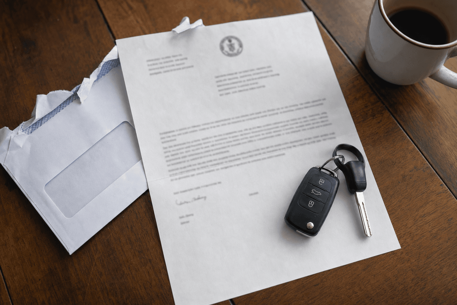 An official-looking formal notice letter on a wooden table with a car key fob resting on it, a torn-open envelope, and a coffee mug