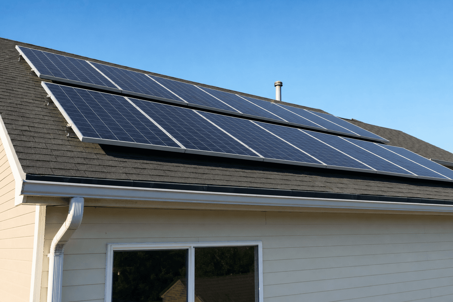 Rows of rooftop solar panels on a suburban home against a clear blue sky