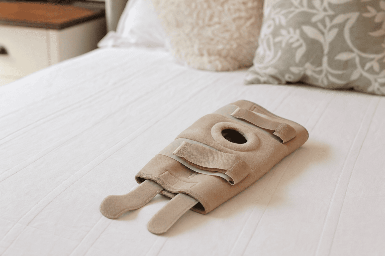 A beige fabric knee support brace resting on a neatly made bed in soft daylight