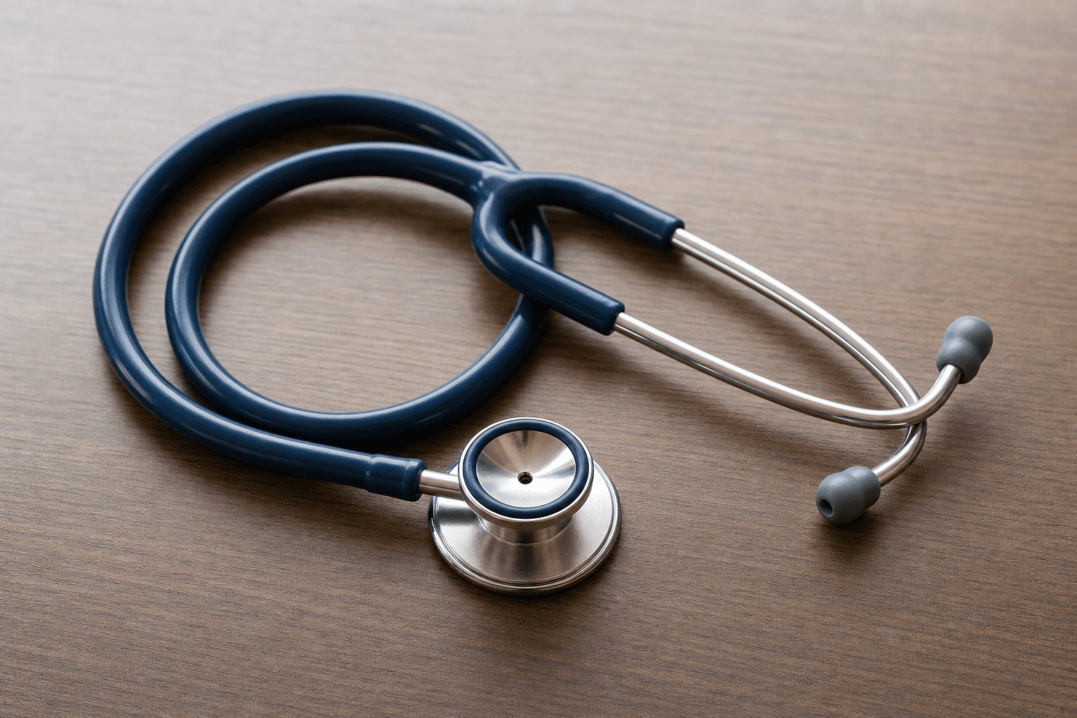 A stethoscope resting on a wooden desk in soft, even daylight