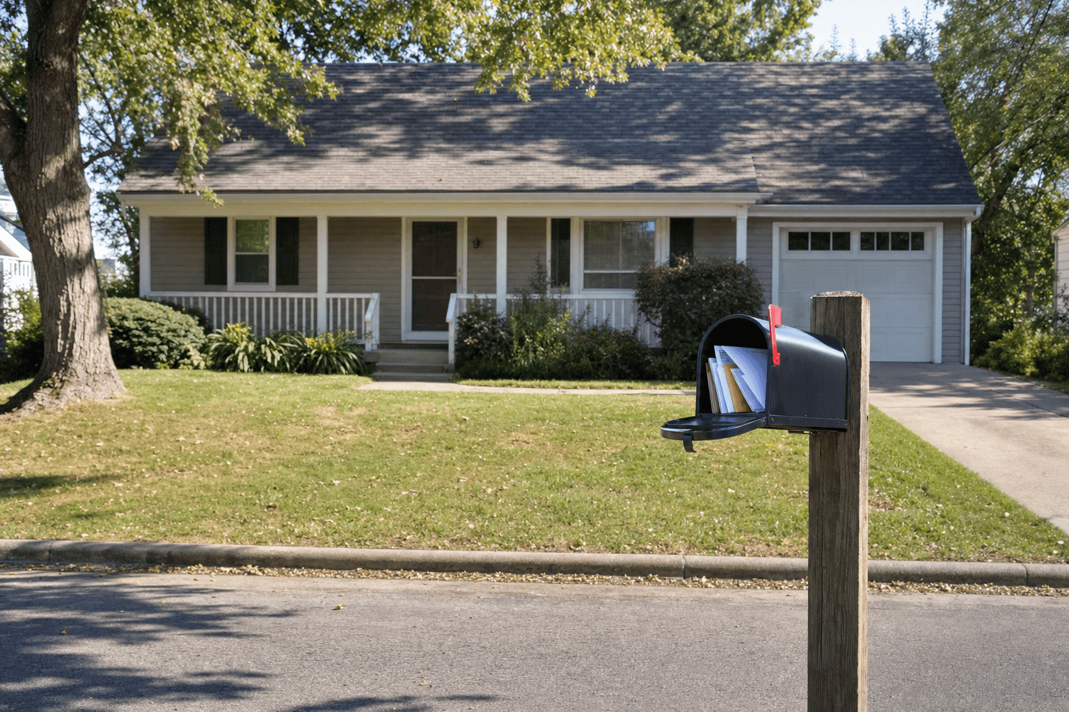The front exterior of a suburban single-family house with a curbside mailbox holding several envelopes