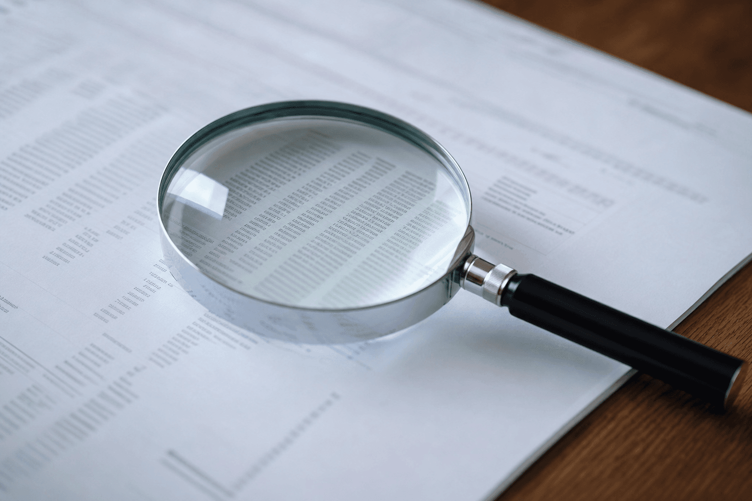 A magnifying glass resting on printed documents on a desk, focusing on the fine print