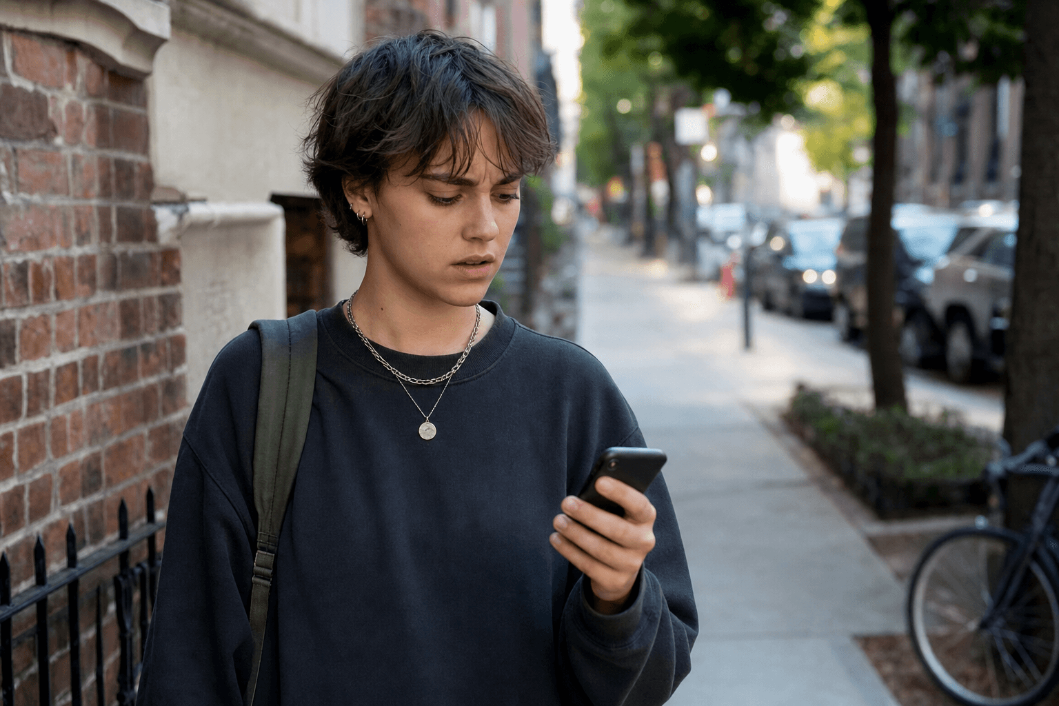 A young person standing on a city sidewalk in daylight looking with concern at a suspicious text message on their smartphone