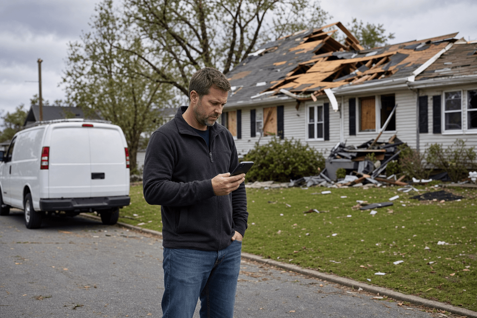 Homeowner standing in front of a storm-damaged house roof checking a phone while an unmarked contractor van waits at the curb