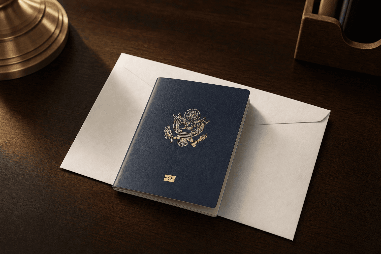A United States passport resting on an official-looking envelope on a dark wooden desk in warm directional light
