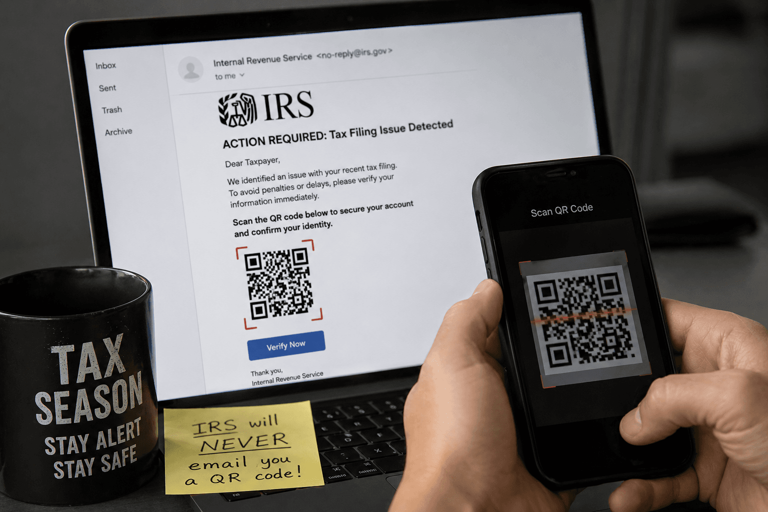 Laptop screen displays a fake IRS email with a QR code being scanned by a smartphone held in the foreground, next to a coffee mug reading TAX SEASON STAY ALERT and a Post-it note that reads IRS will NEVER email you a QR code