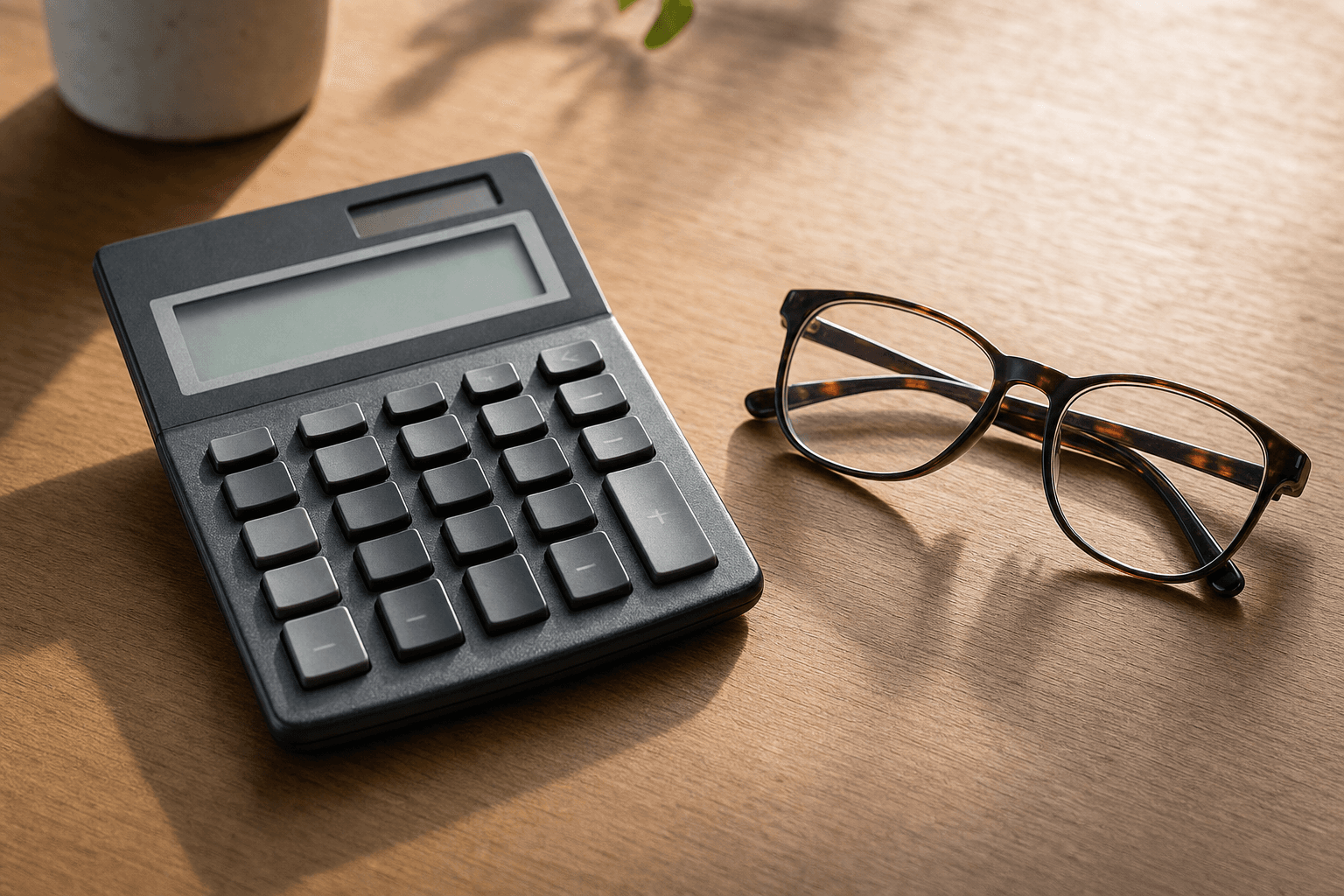 A calculator and a pair of reading glasses resting on a wooden desk in warm directional light