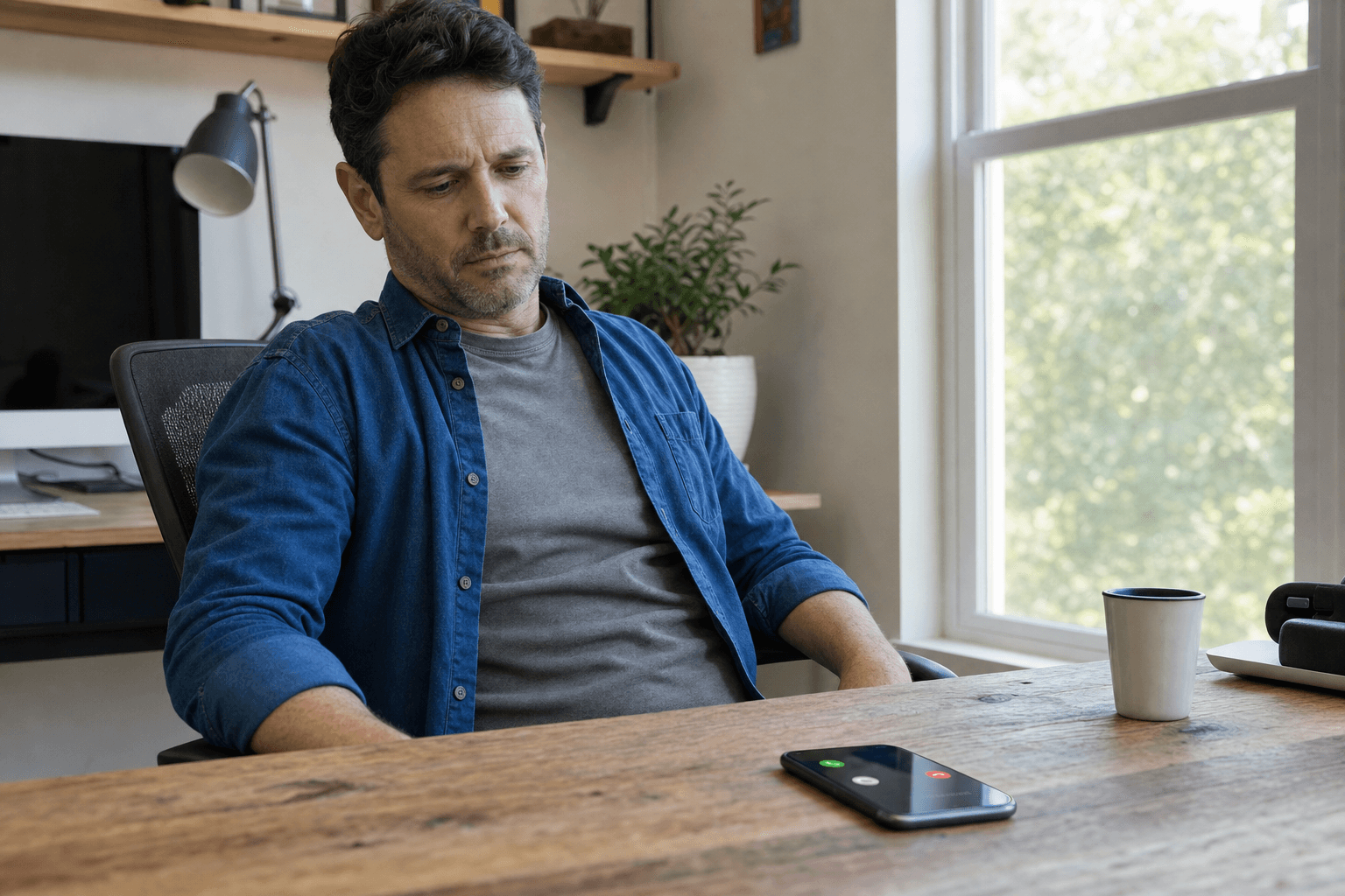 A man at a home office desk leaning back and eyeing his smartphone lying face-up on the desk, ringing with an incoming call from an unknown toll-free number, in daylight