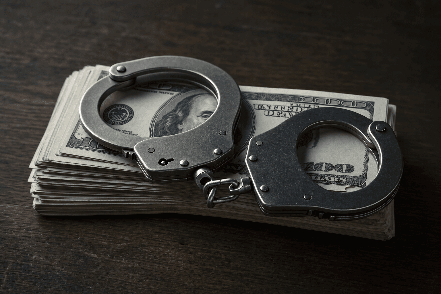 A pair of metal handcuffs resting on top of a stack of cash on a dark desk