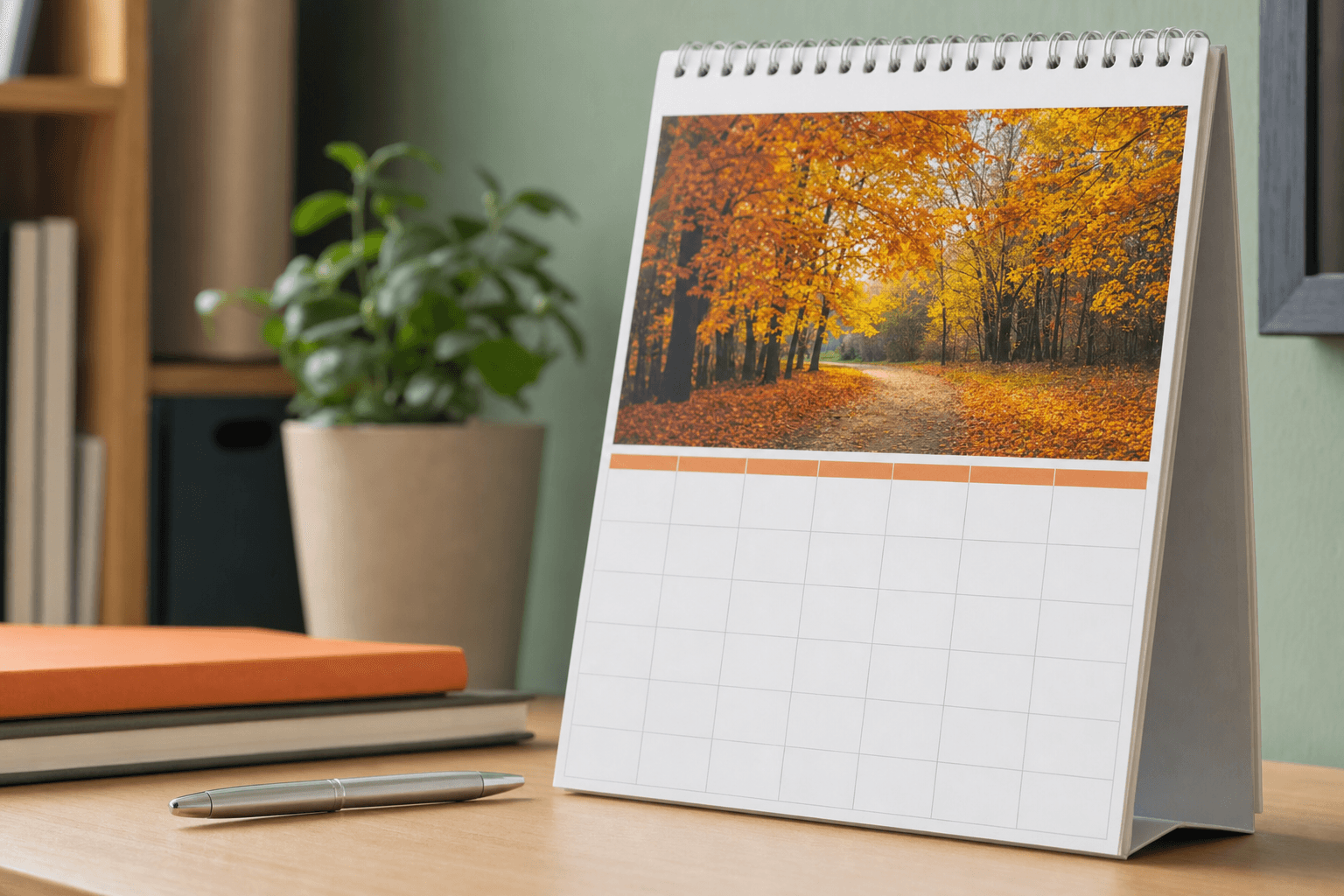 A paper wall calendar turned to a fall month, resting on a desk in soft daylight