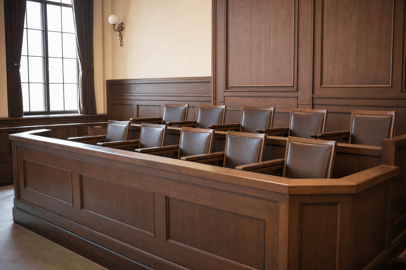 An empty wooden jury box with rows of seats in a quiet courtroom lit by soft natural light
