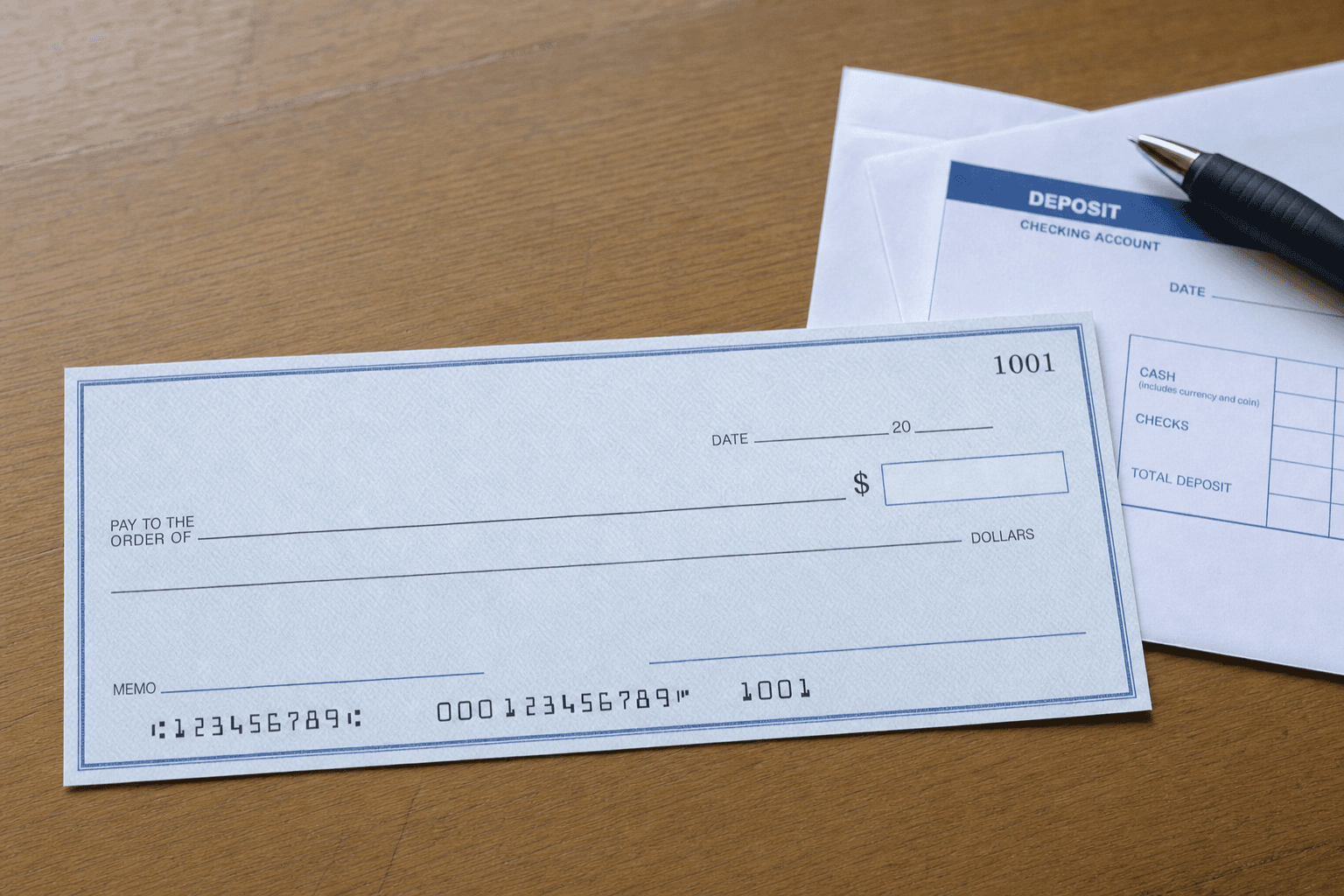 A printed pay check lying on a desk next to a pen and a bank deposit envelope