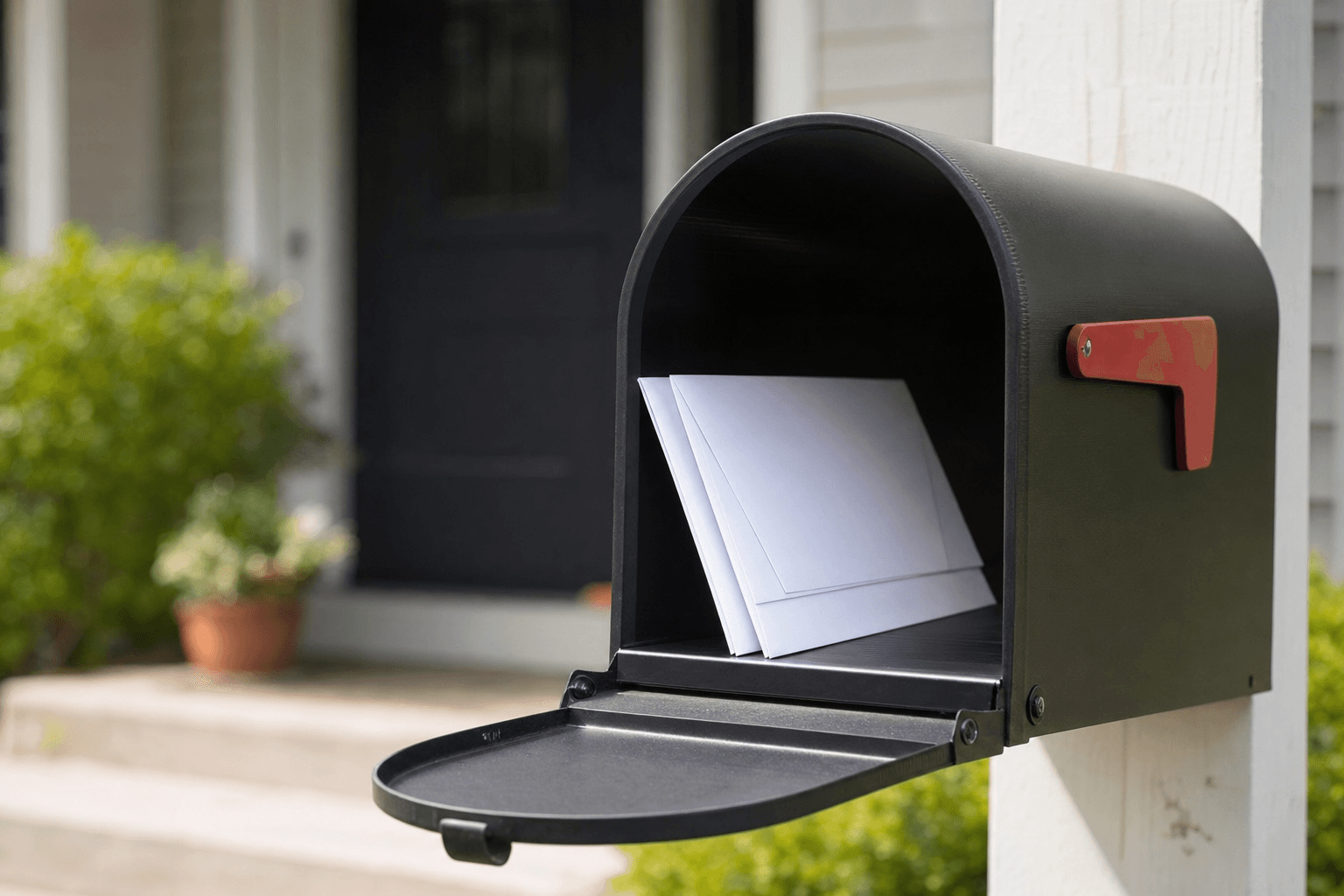 An open residential mailbox with a few plain envelopes inside, soft daylight