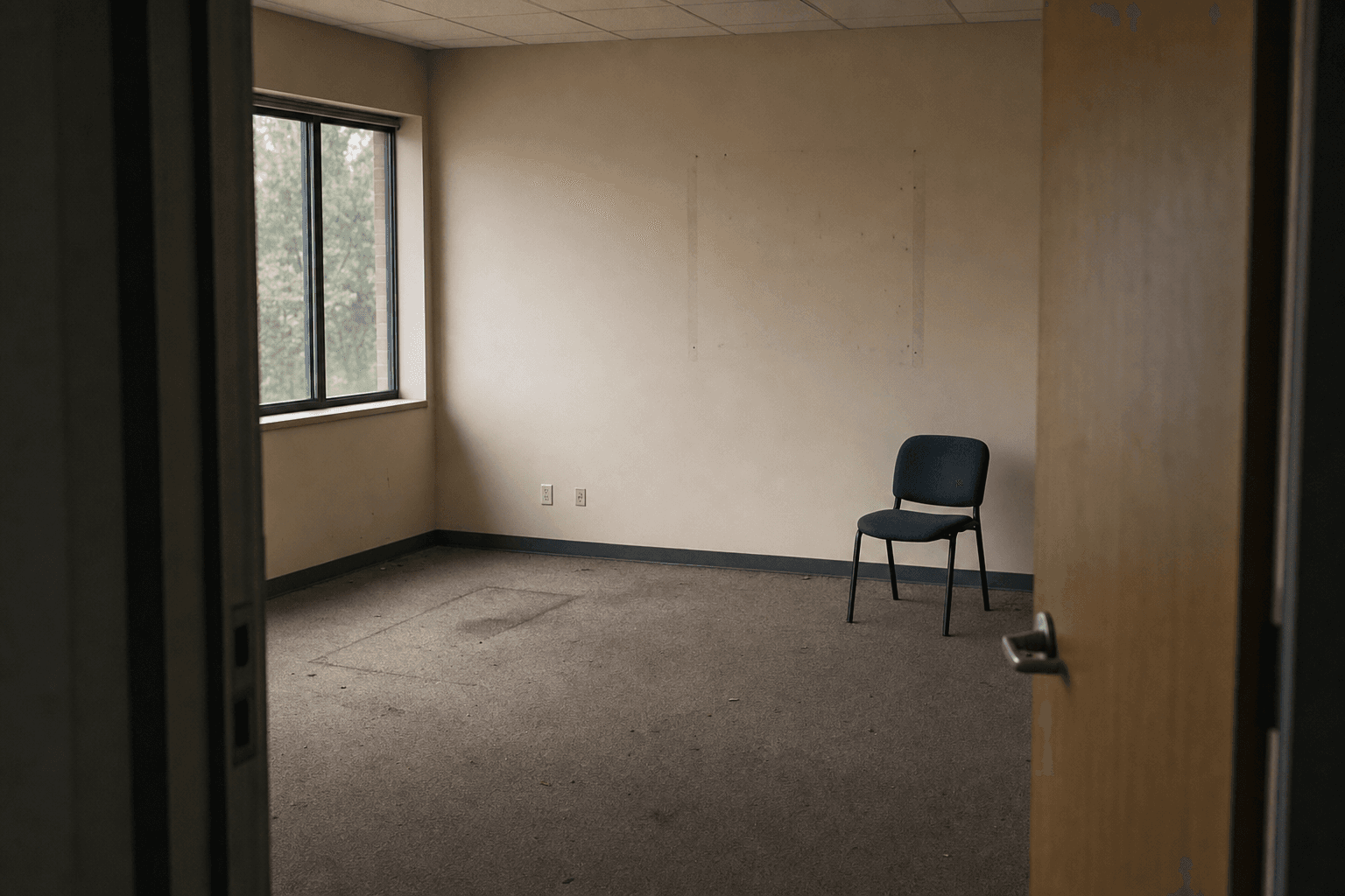 An empty, recently vacated small office with bare walls and a single chair, daylight through a window