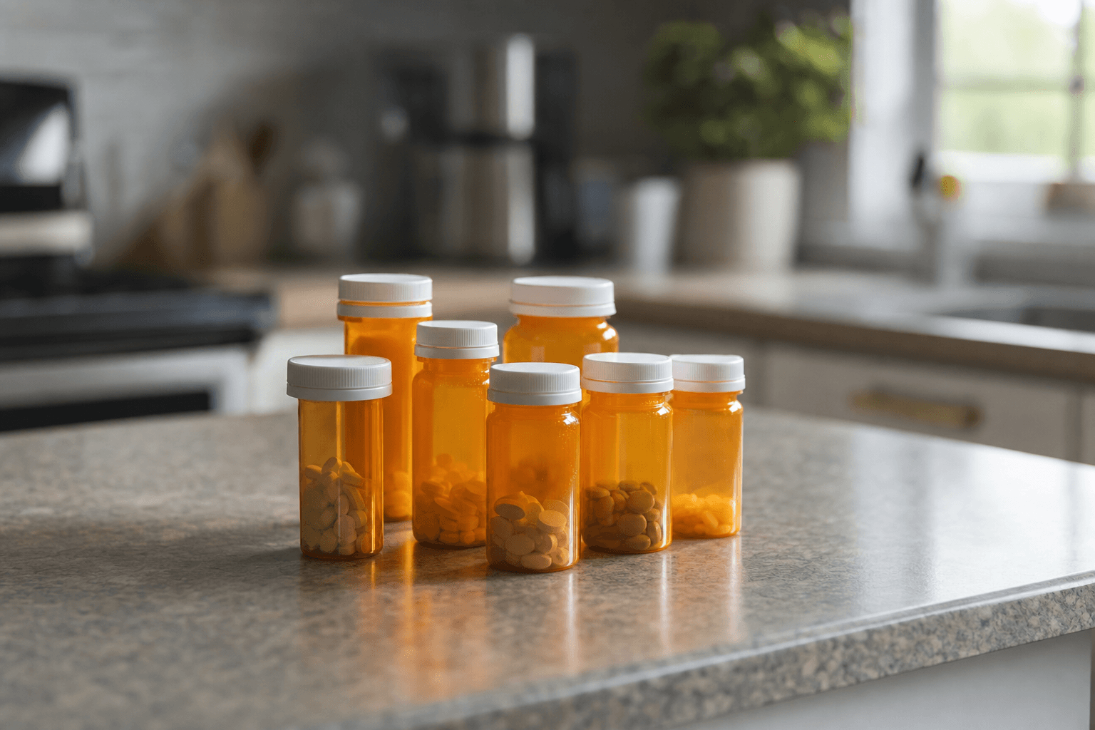Several amber prescription pill bottles grouped on a kitchen counter in soft daylight