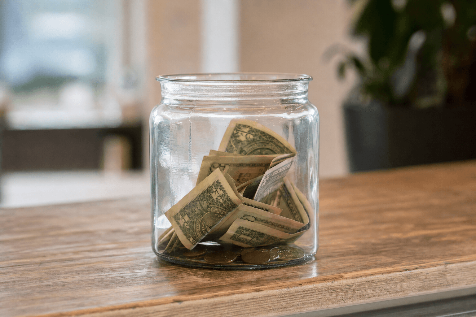 A clear glass donation jar holding folded cash and coins on a wooden counter