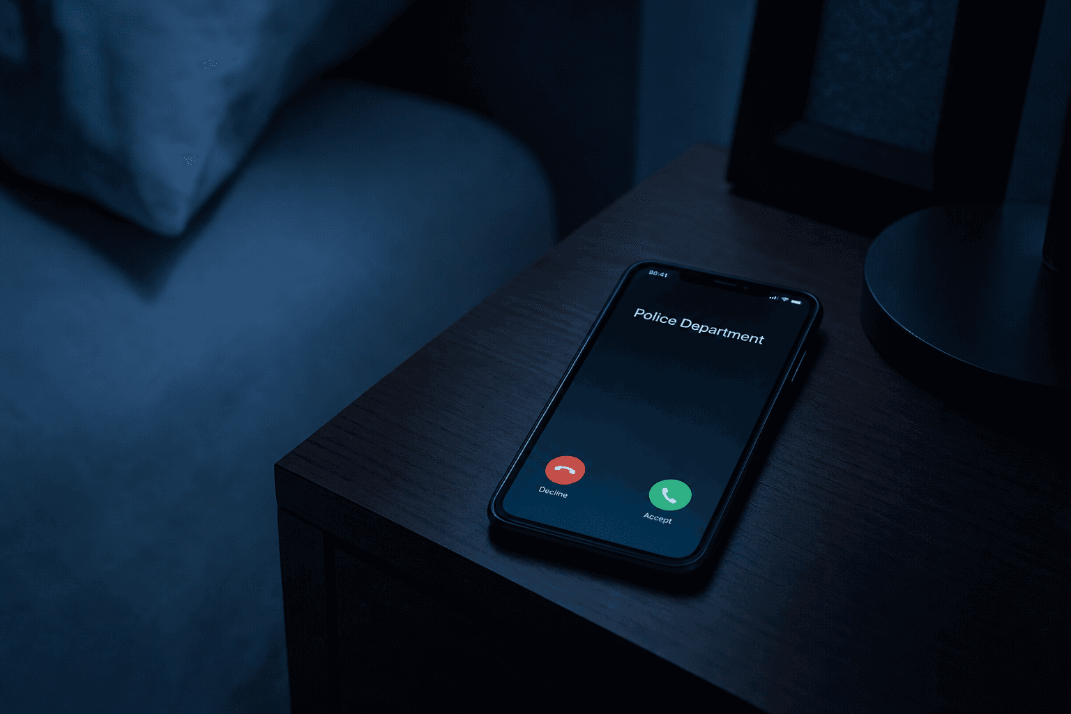 A smartphone on a dark nightstand at night showing an incoming call labeled Police Department, lit by soft cool blue light