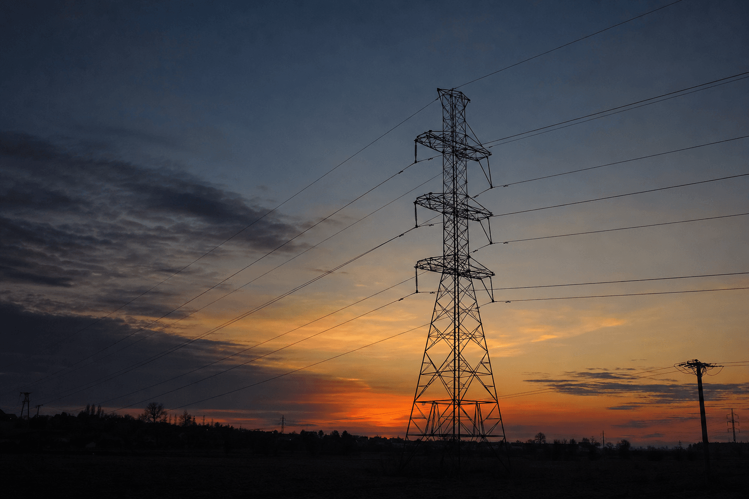 High-voltage electrical transmission lines and a power pylon against a deep dusk sky
