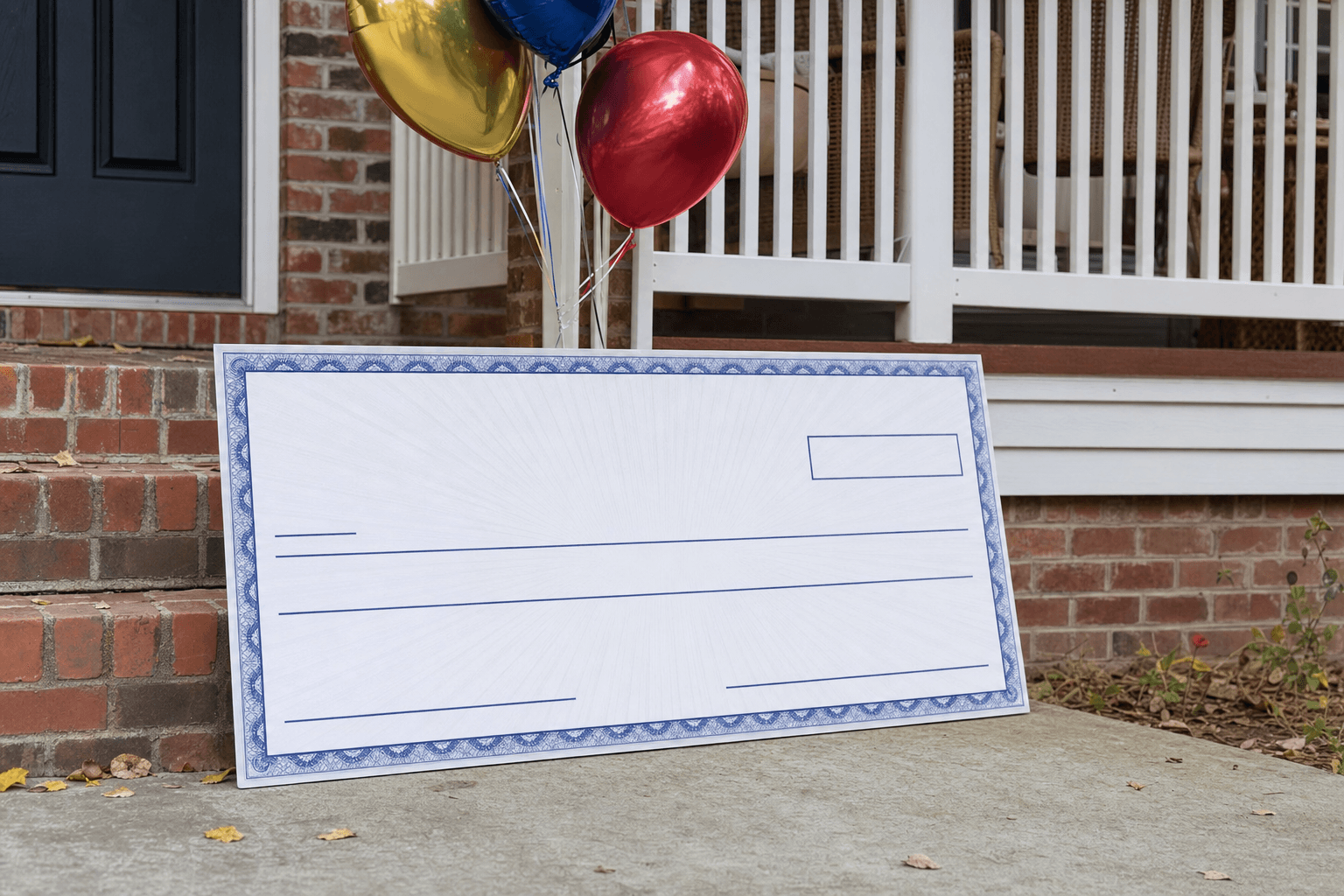 An oversized blank novelty prize check propped on a front porch step with a few colorful balloons tied nearby