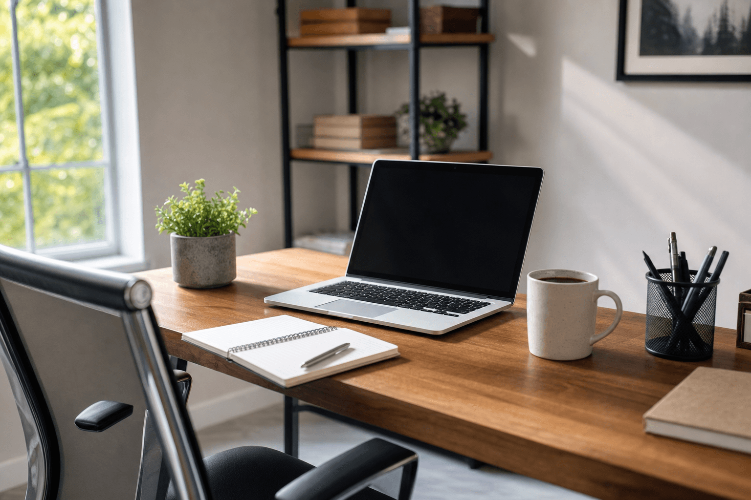 A tidy home office desk with an open laptop, a notebook, and a coffee mug, no people