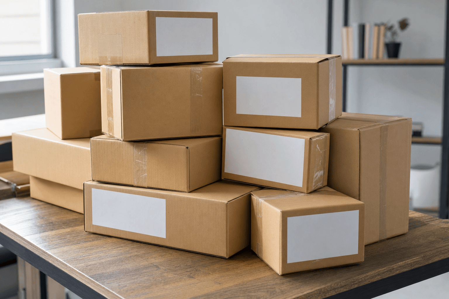 A stack of sealed cardboard shipping parcels with blank labels piled on a table