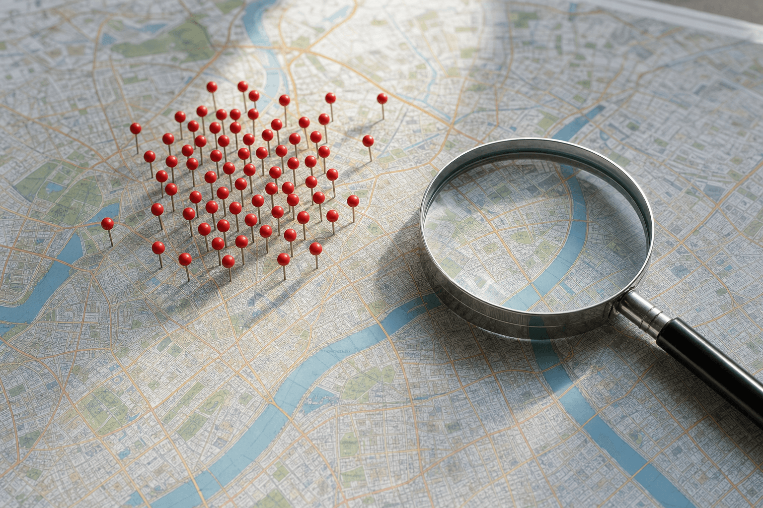 An overhead view of a printed city map with a tight cluster of red map pins concentrated over one neighborhood, a magnifying glass resting beside them