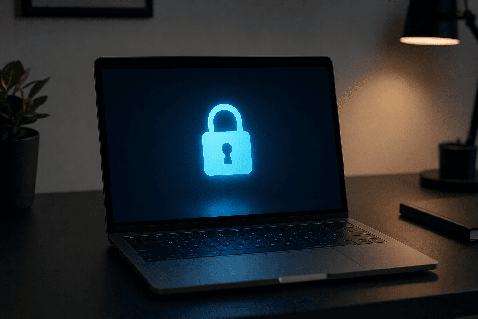 An open laptop on a dark desk displaying a single glowing blue padlock security icon in dim light