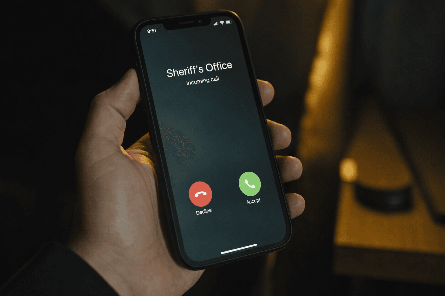 A hand holding a smartphone showing an incoming call labeled Sheriff's Office, dark background with a warm gold accent light