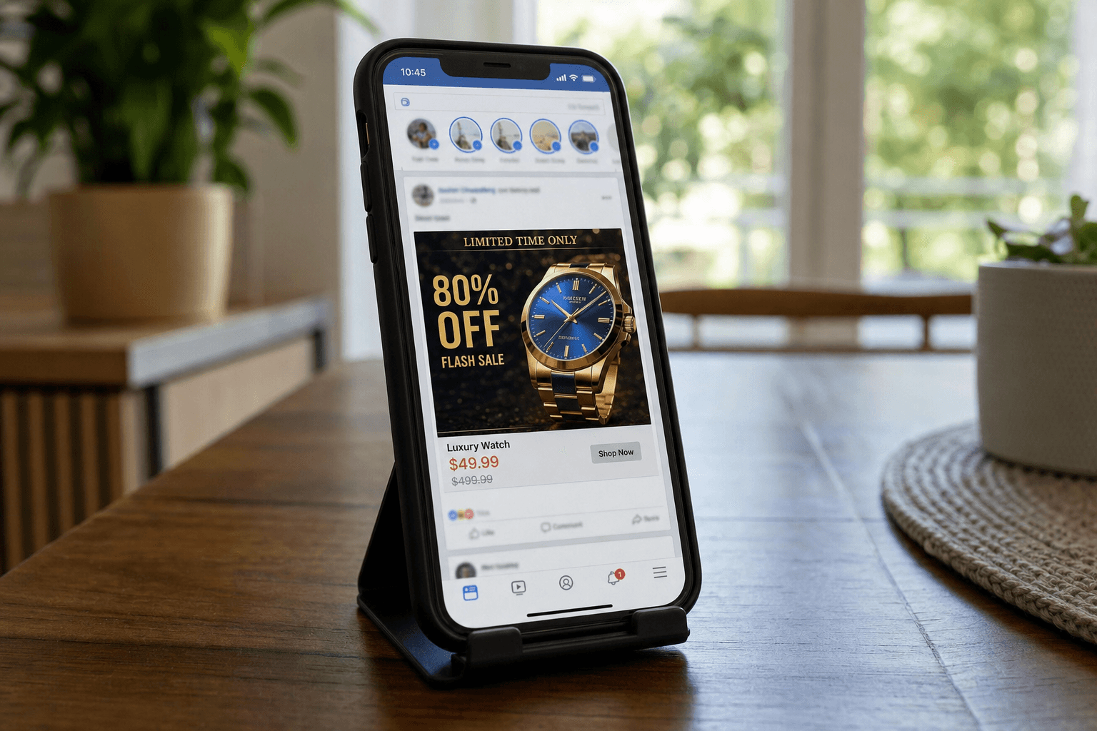 A smartphone on a stand showing a social media feed with a flashy 80 percent off flash-sale ad for a luxury watch