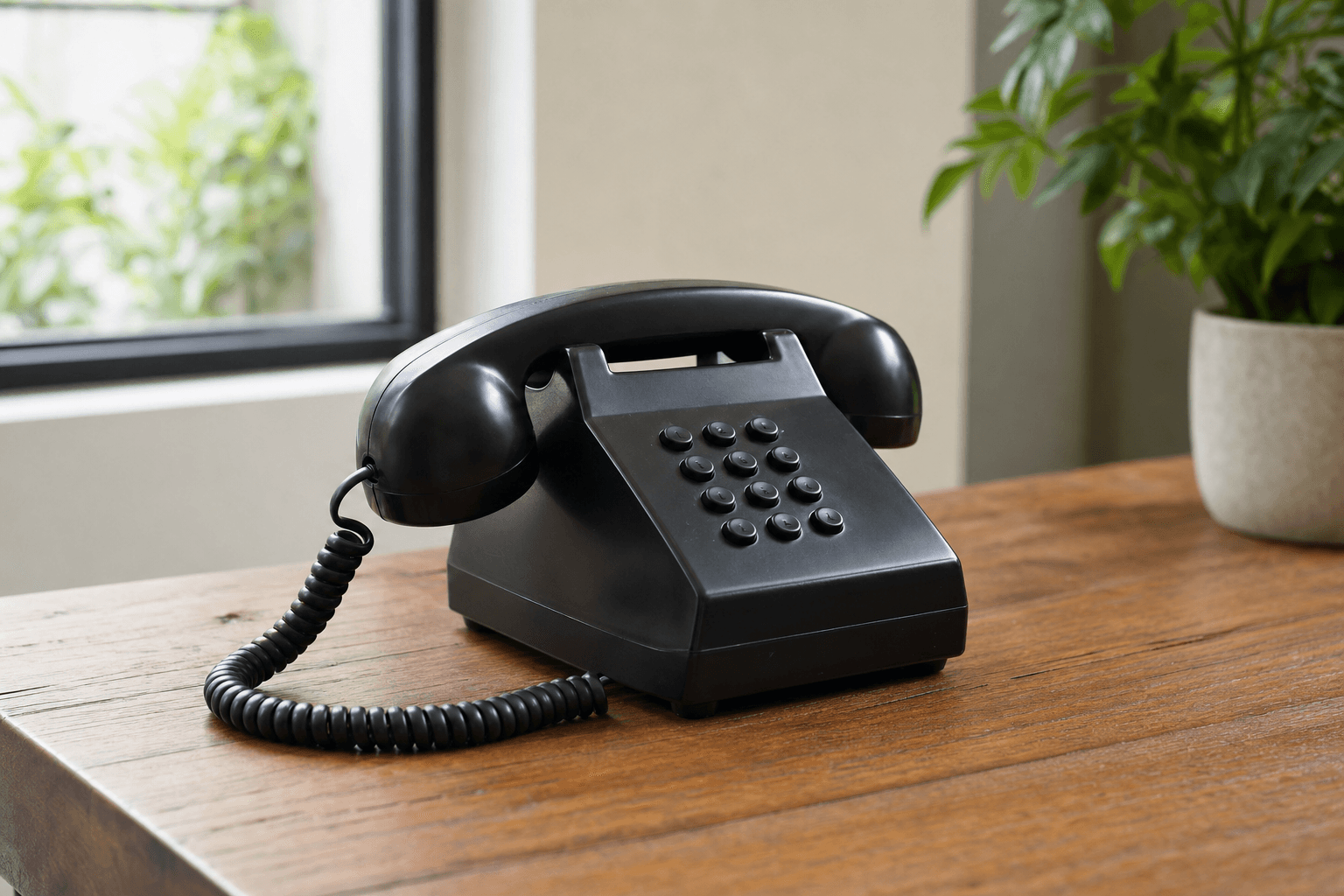 A classic black landline desk phone on a wooden table in soft natural window light