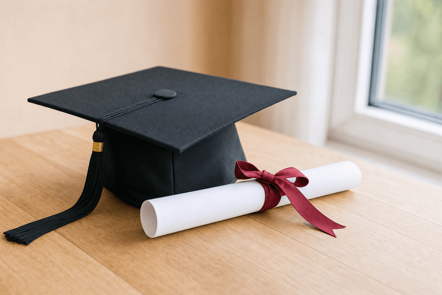 A graduation cap and a rolled diploma resting on a wooden desk in warm natural light