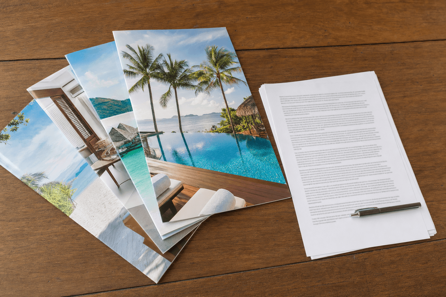 A stack of glossy resort and vacation brochures on a table beside a contract and a pen