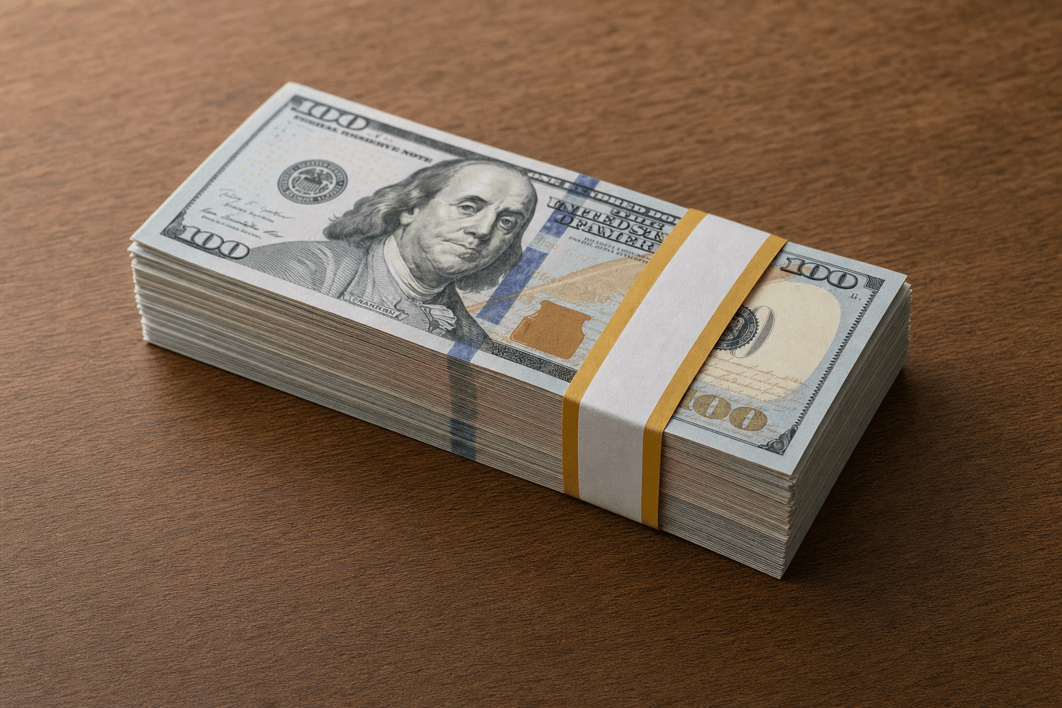 A neat banded stack of one hundred dollar bills resting on a plain desk