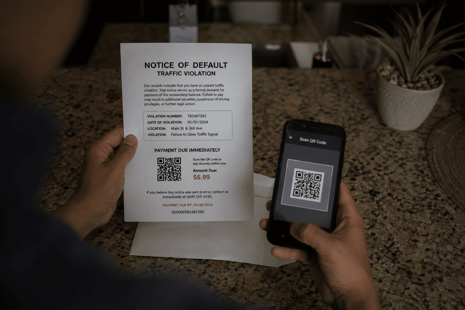 Person at a kitchen counter holding a printed Notice of Default traffic violation document while scanning a QR code on it with a smartphone