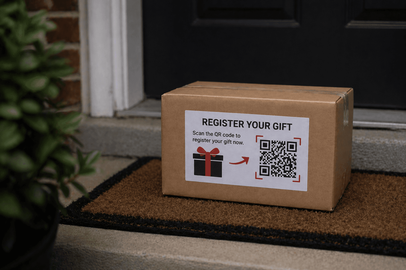 A small brown cardboard package sitting on a doormat at a residential front door, with a Register Your Gift sticker bearing a QR code and a small gift icon affixed to the top of the box